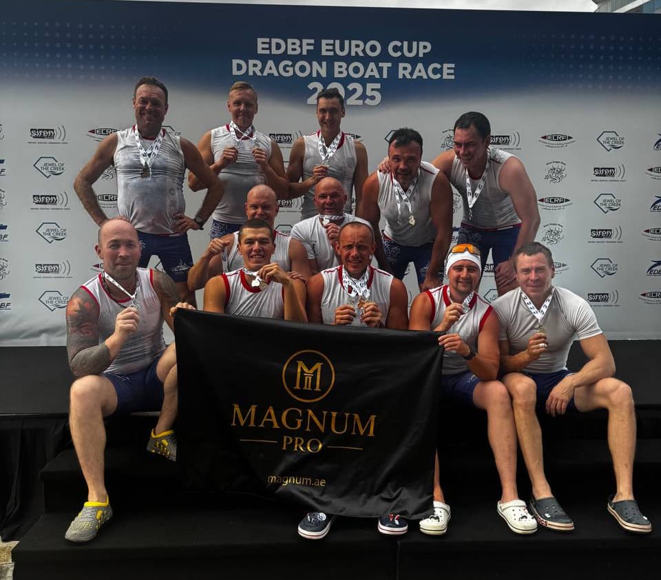 Magnum Pro–sponsored dragon boat team at the EDBF Euro Cup 2025 in Dubai